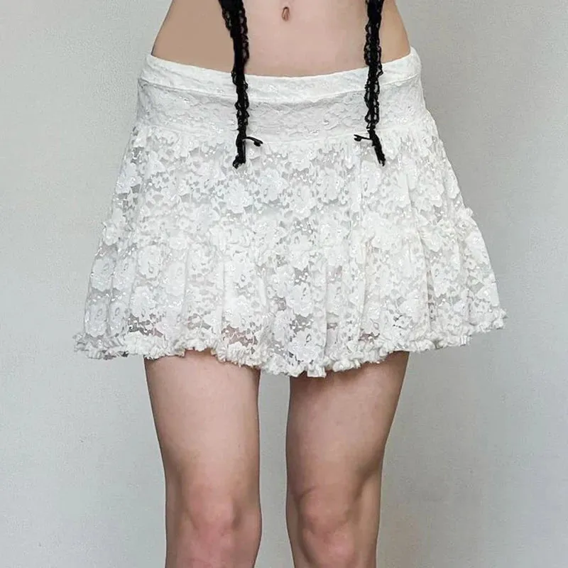 Coquette Fashion White Low Waist Lace Skirt Women Ruched Frills Hotsweet Korean Mini Skirt A-Line Folds Party Outfits