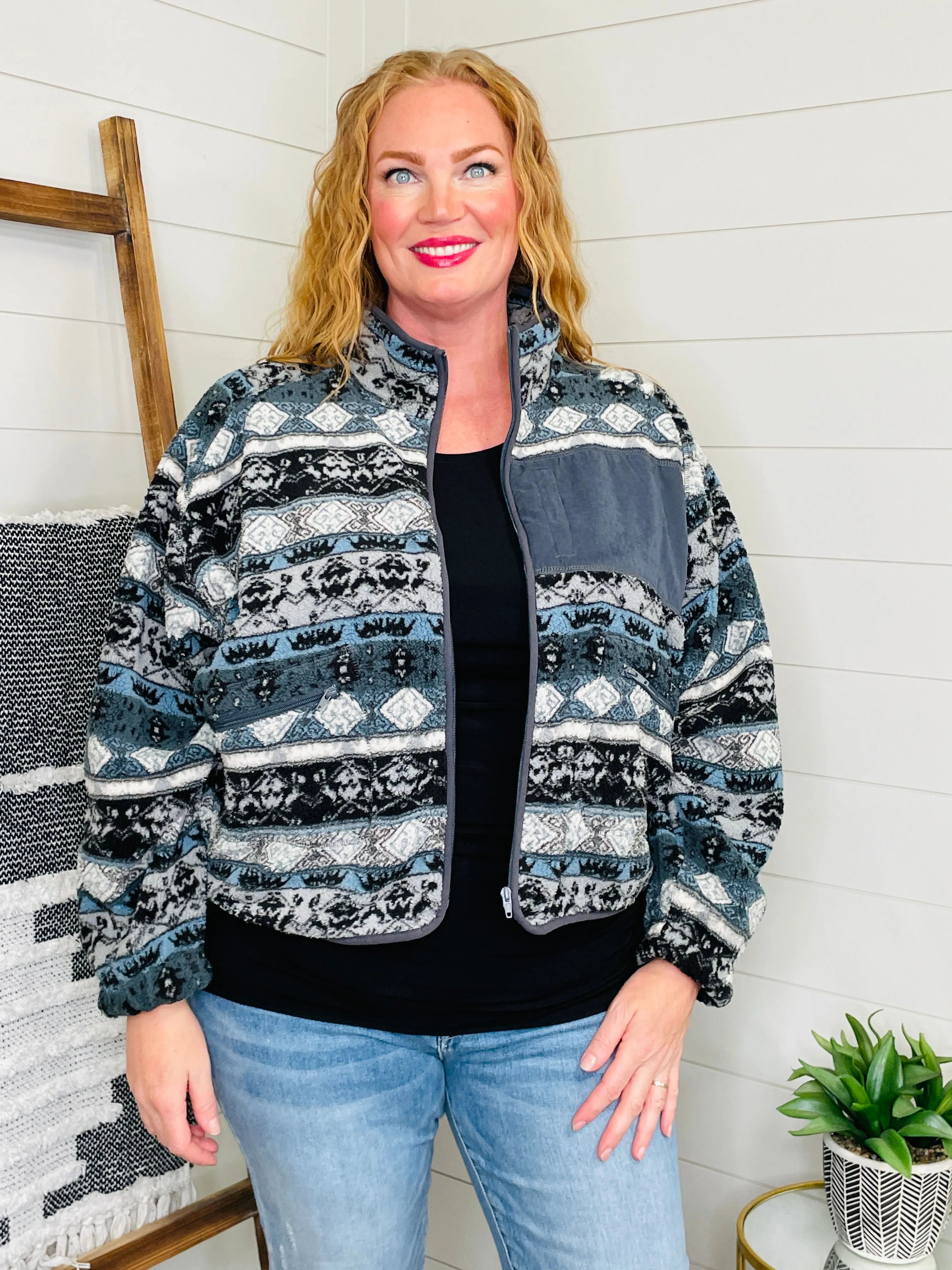 Cozy Aztec Sherpa Zip Up Jacket: Grey