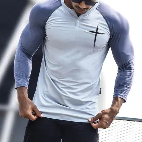 CROSS HENLEY NECK RAGLAN GRAPHIC  3/4 SLEEVE T-SHIRT