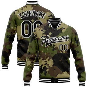 Custom Camo Black-White Graffiti Camouflage 3D Bomber Full-Snap Varsity Letterman Salute To Service Jacket