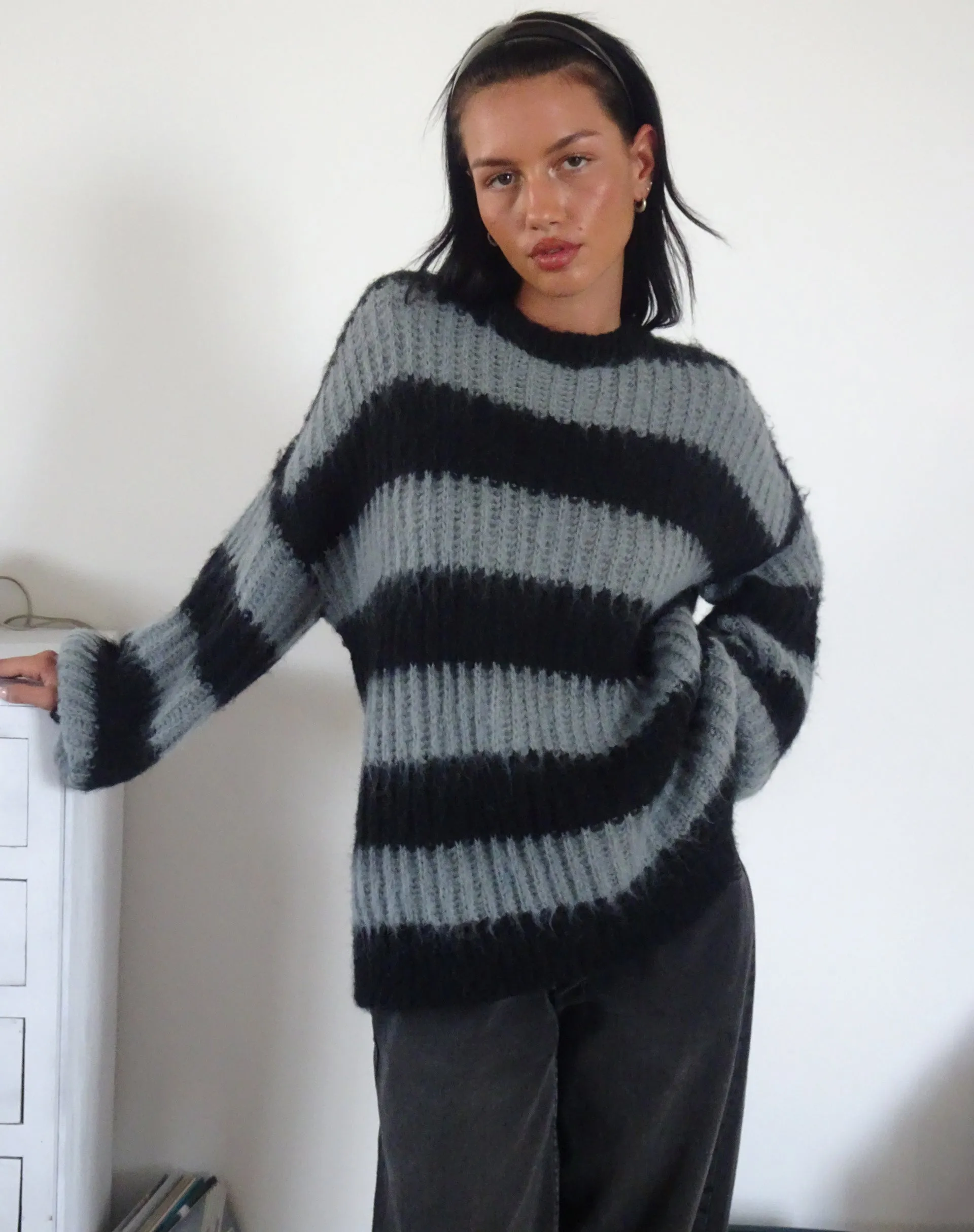 Daren Jumper in Grey and Charcoal Stripes