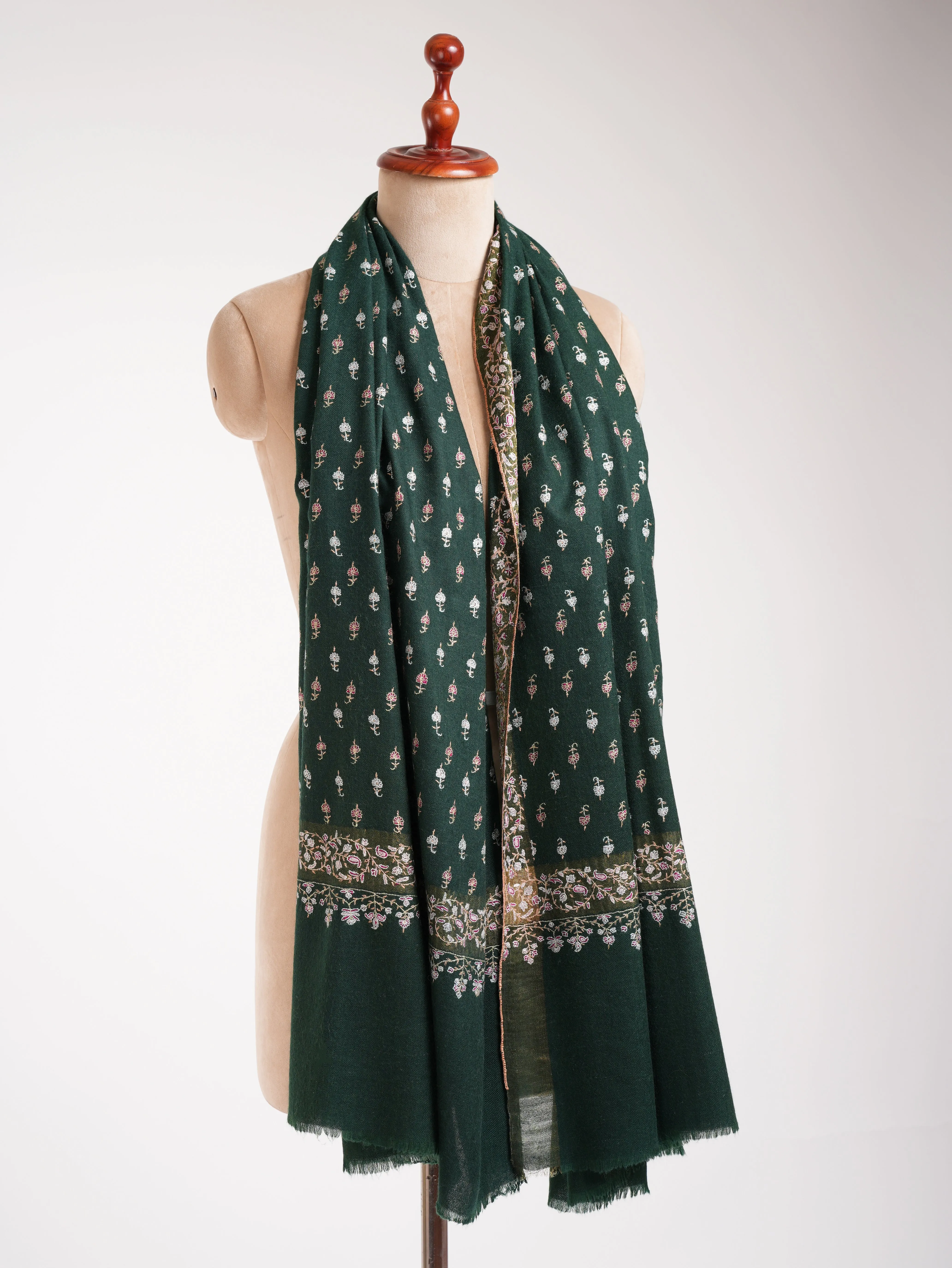 Dark Green Embroidered Pure Handmade Pashmina Shawl