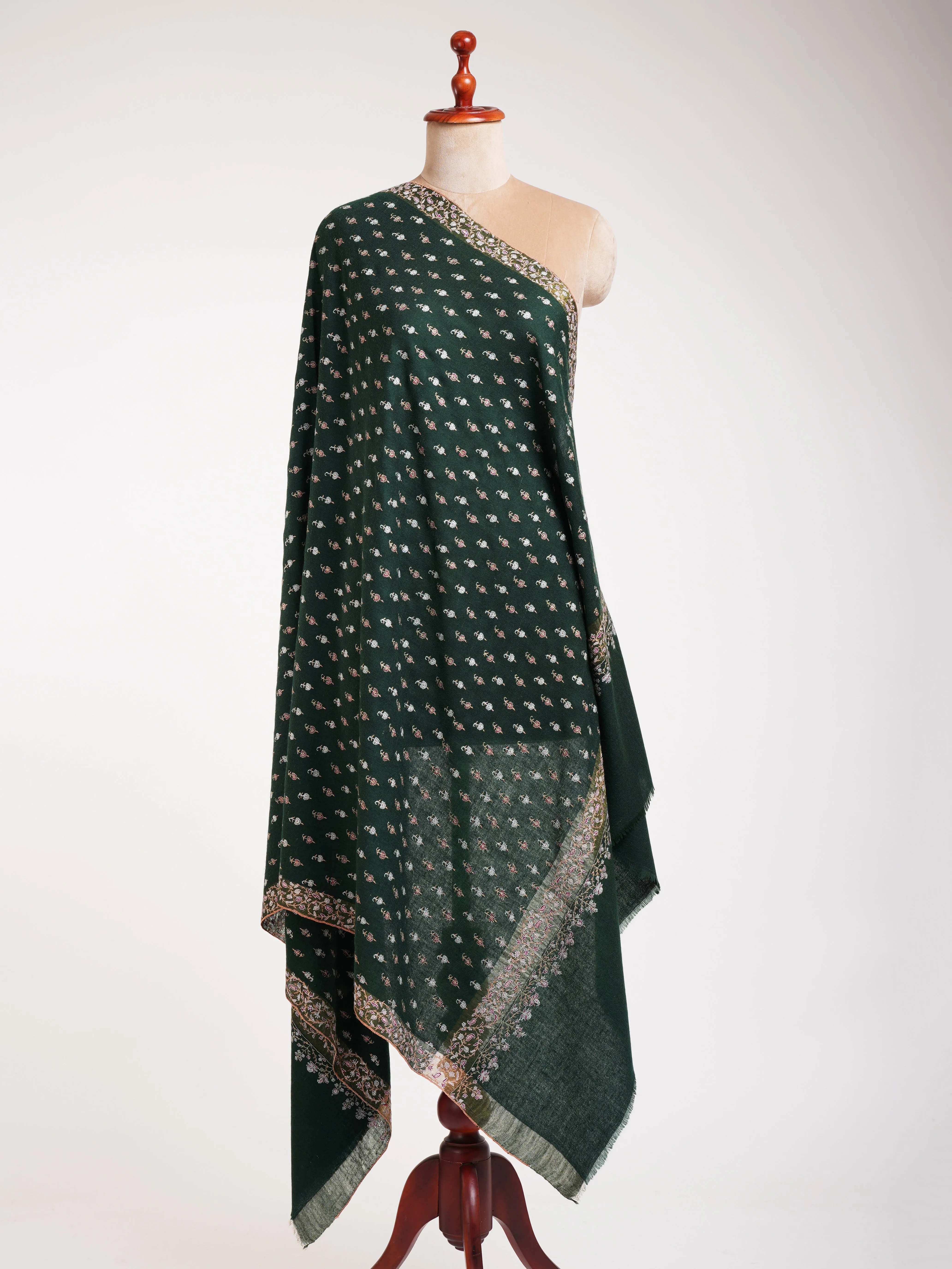 Dark Green Embroidered Pure Handmade Pashmina Shawl