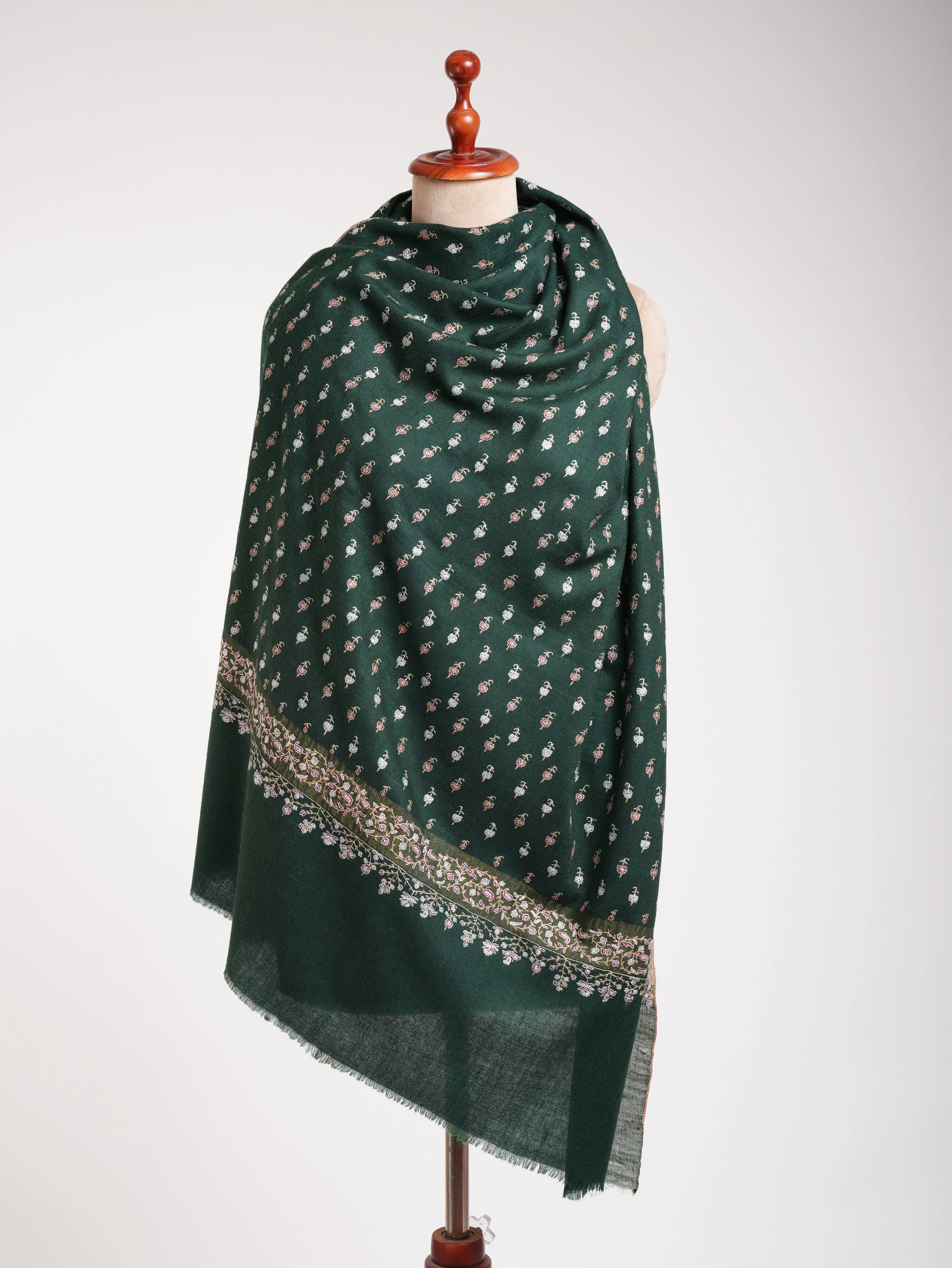 Dark Green Embroidered Pure Handmade Pashmina Shawl