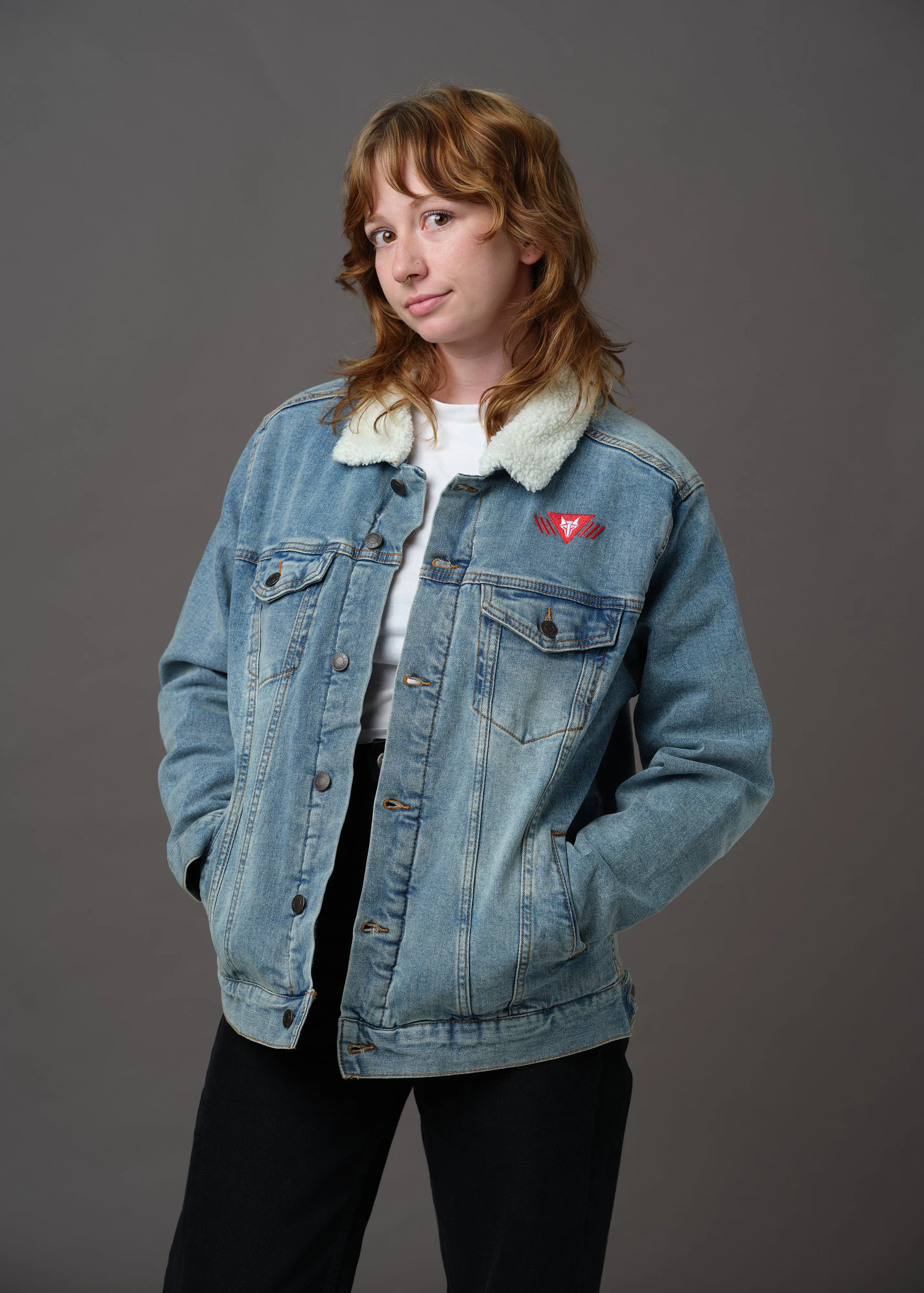 Denim Embroidered Howler Sherpa Jacket (Blue)