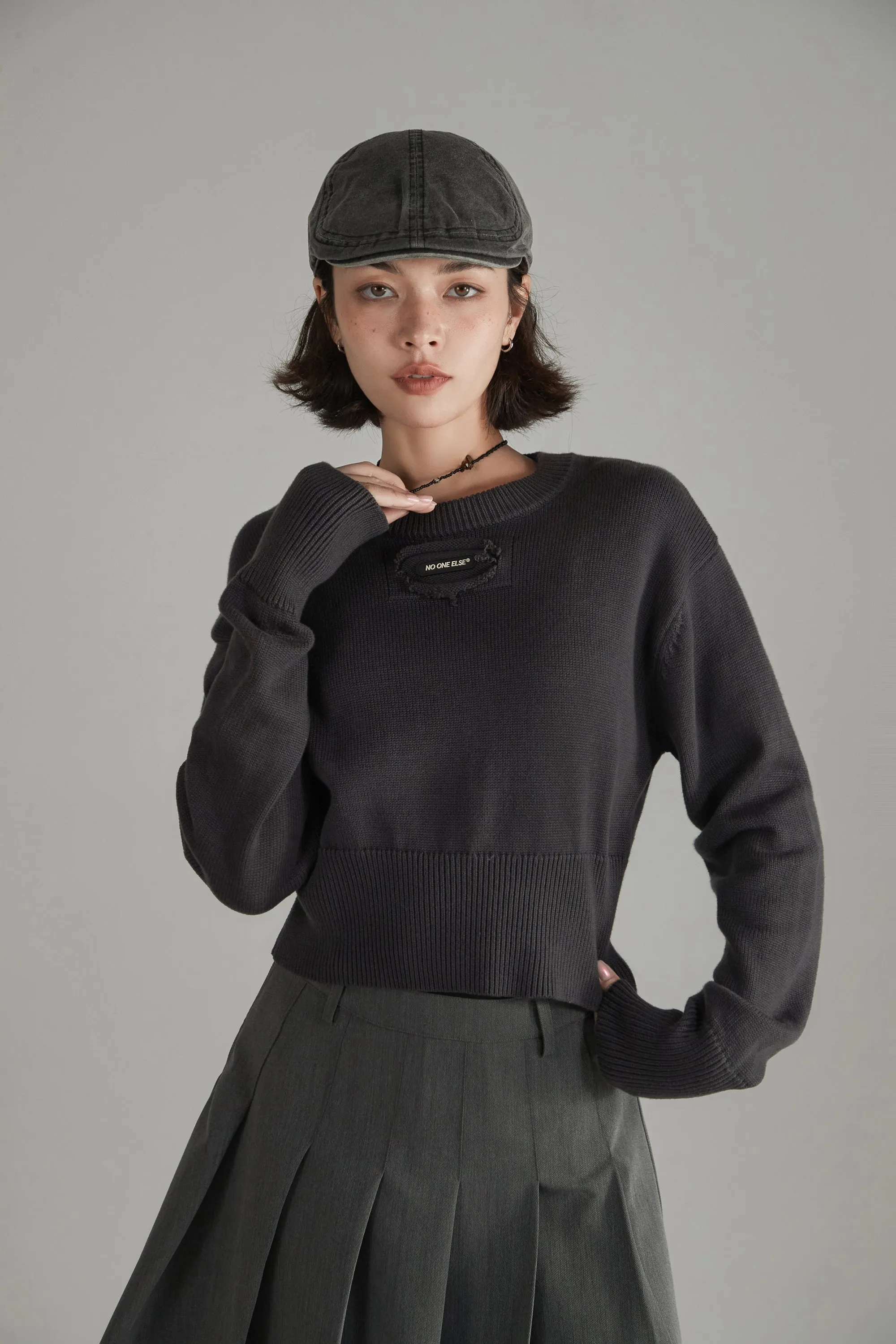 Distressed Logo Solid Crop Knit Sweater