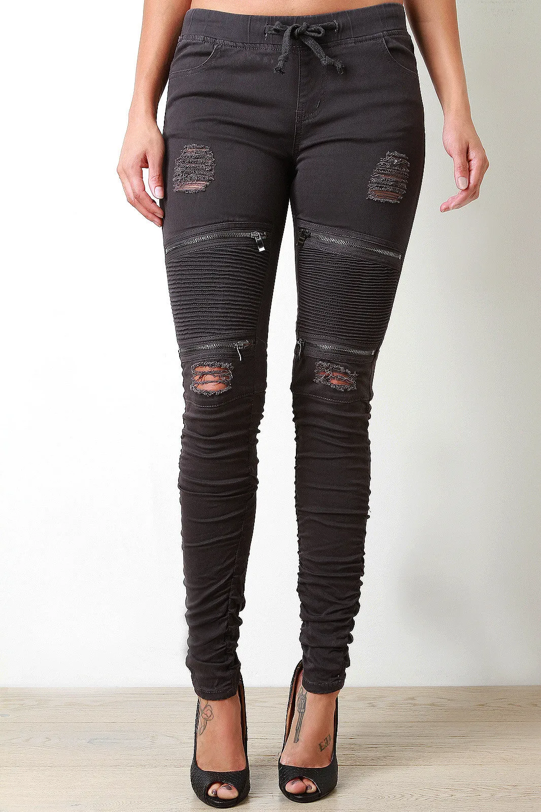 Distressed Moto Style Zip Knee Pants