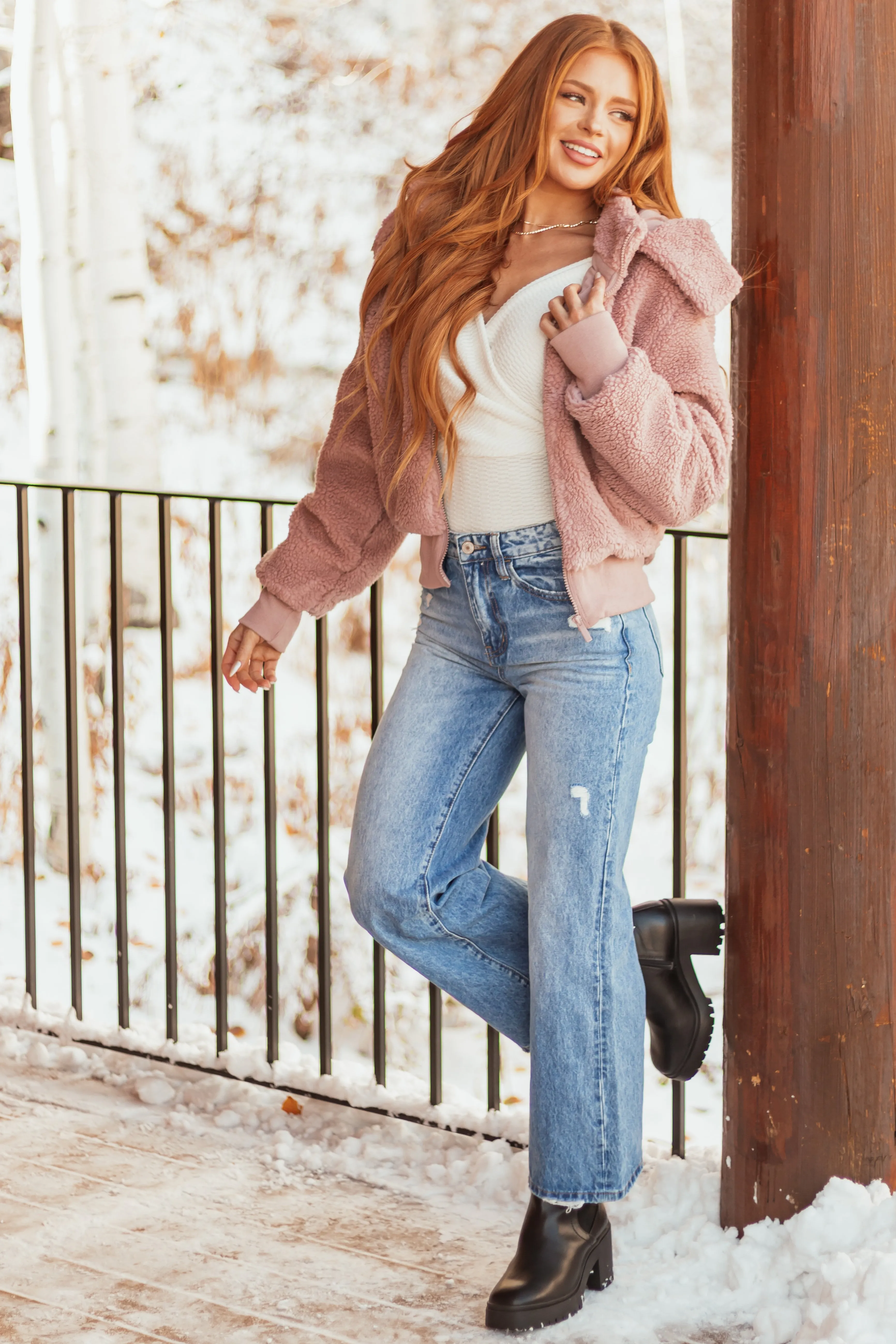 Dusty Blush Teddy Bomber Jacket with Removable Hood