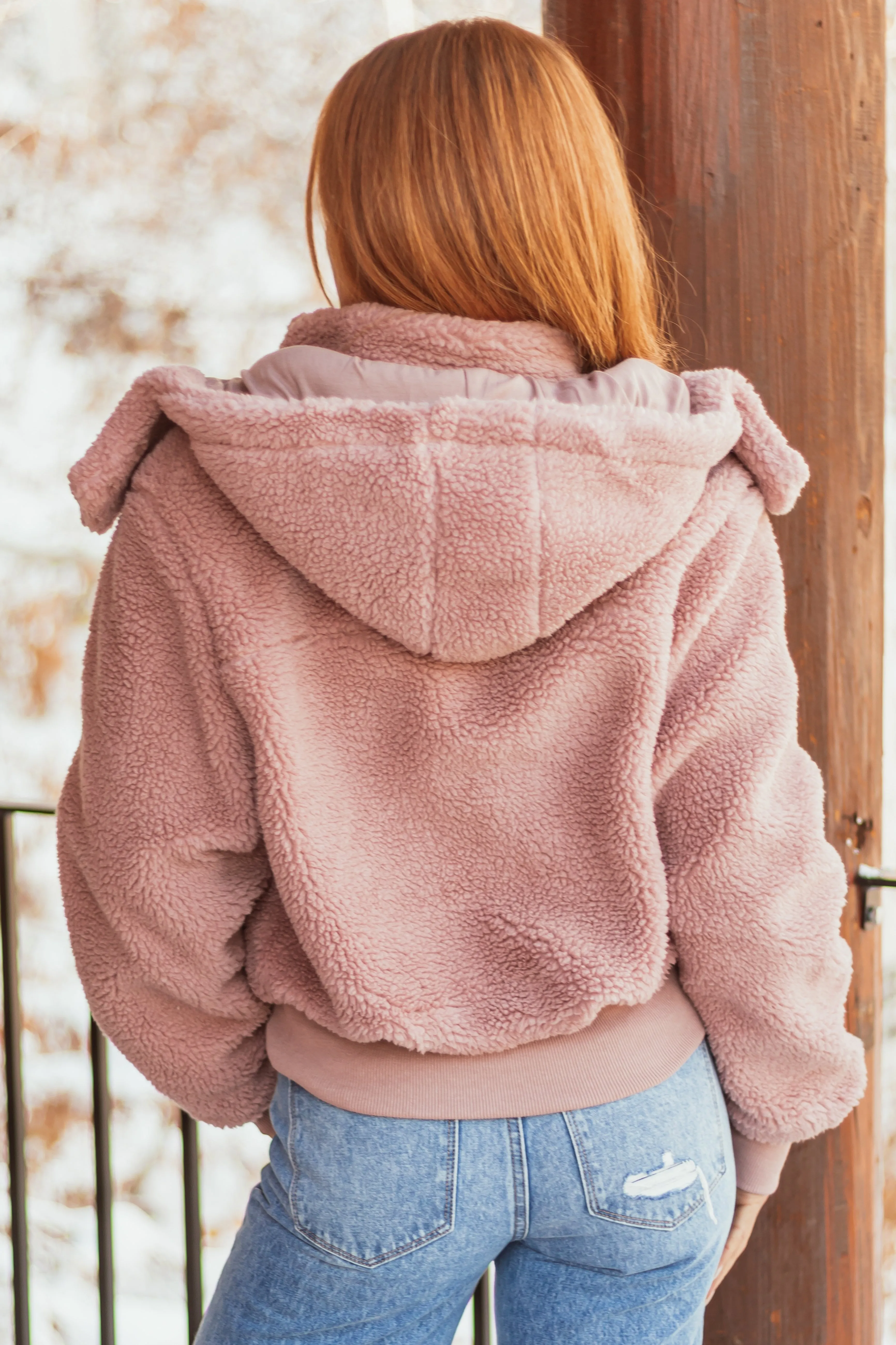 Dusty Blush Teddy Bomber Jacket with Removable Hood