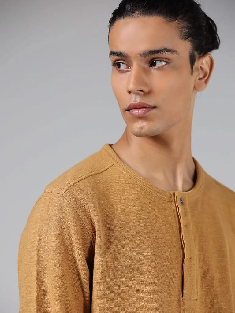 ETA Mustard Henley Neckline Cotton Slim-Fit T-Shirt