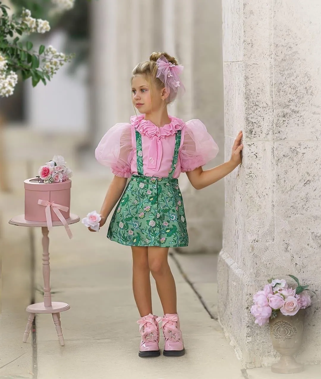 Eva Skirt and Blouse Pink and Green Floral Tulle Set