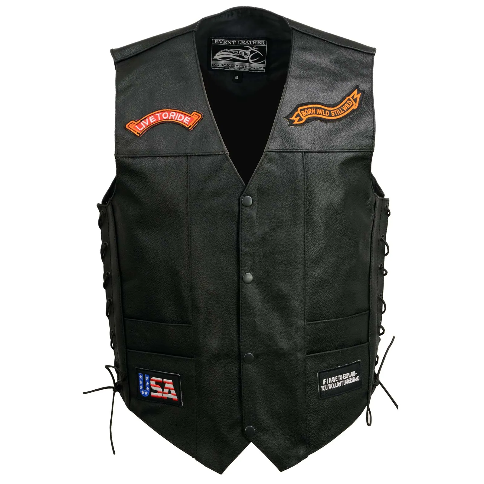 Event Leather Men’s Concealed Carry Motorcycle Vest Black with Patches