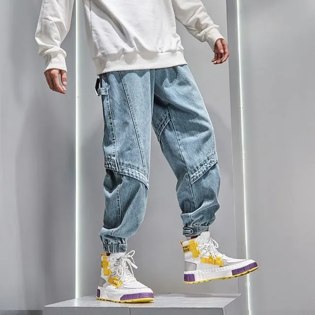 Fall Winter New Men Jeans Loose Cargo Pants Light Color Straight Casual Stitching Ankle-Tied Cropped Trousers Harem Denim Jeans