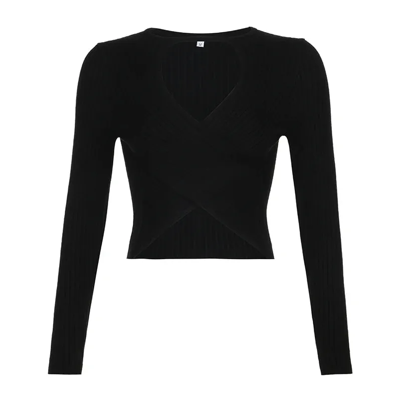 Fashion Black Knitted Sweater for Women Criss-Cross Crop Top Knit Clothing Sexy Slim Pullover Autumn Basic Hollow Out