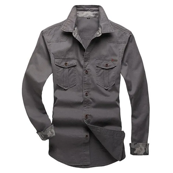 Fit Lapel Long Sleeve Cargo Shirts For Men Big Size Casual Cotton Work Shirts Slim