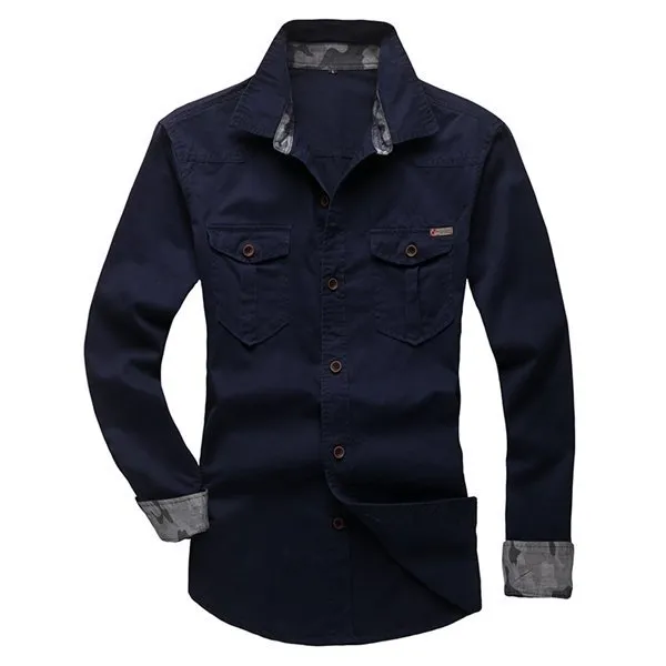 Fit Lapel Long Sleeve Cargo Shirts For Men Big Size Casual Cotton Work Shirts Slim