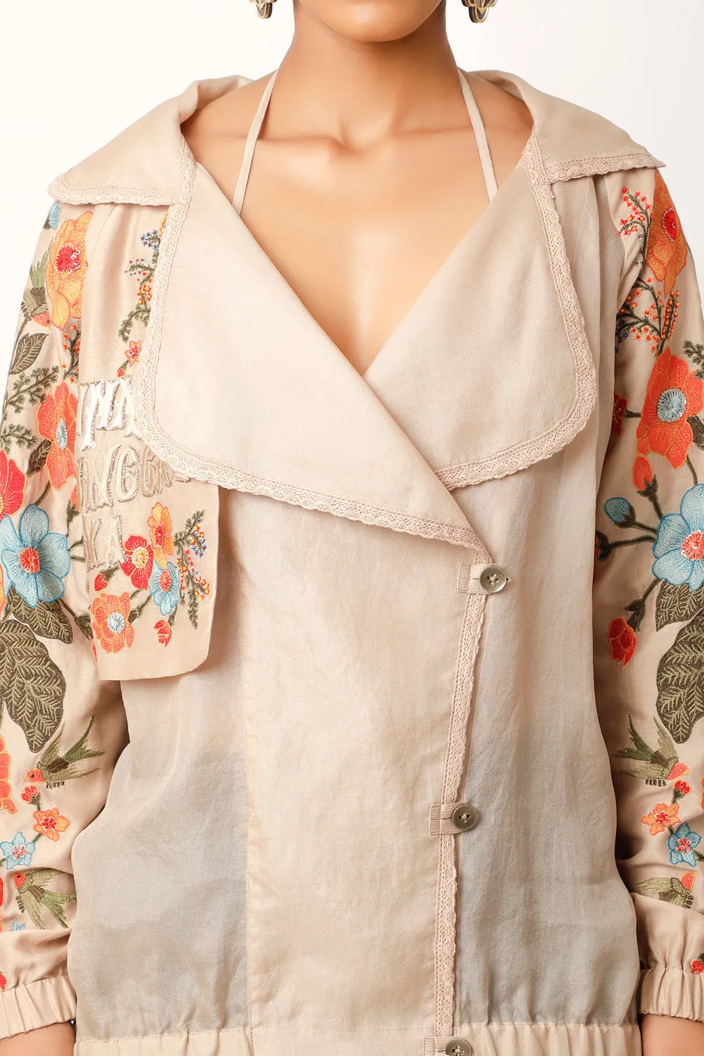 Foliage Embroidered Trench Bomber Jacket