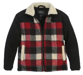 Full Zip Wool-Like Plaid Jacket with Warm Cozy Inner Padding and Sherpa Collar- Red