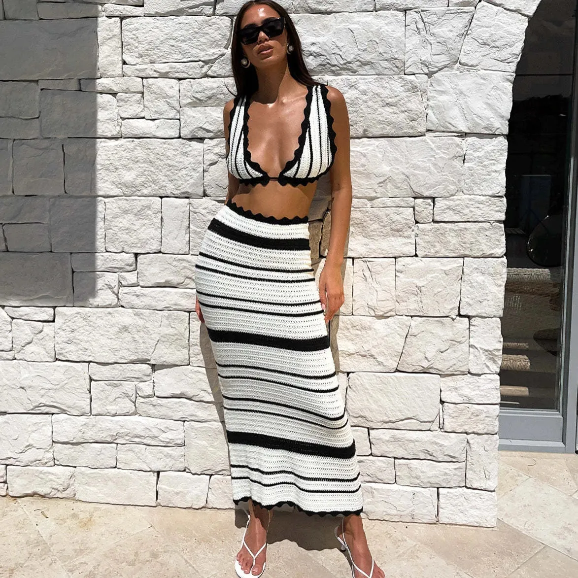 Girlary Knitted Striped Beach Skirt Sets Summer Bohemia Camisole Top and Slim Maxi Skirts Two Piece Sets Women Club Party Suits 2024