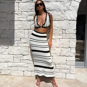 Girlary Knitted Striped Beach Skirt Sets Summer Bohemia Camisole Top and Slim Maxi Skirts Two Piece Sets Women Club Party Suits 2024