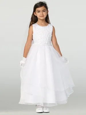 Girls White First Communion Dress w/ Tulle & Organza Skirt (604)