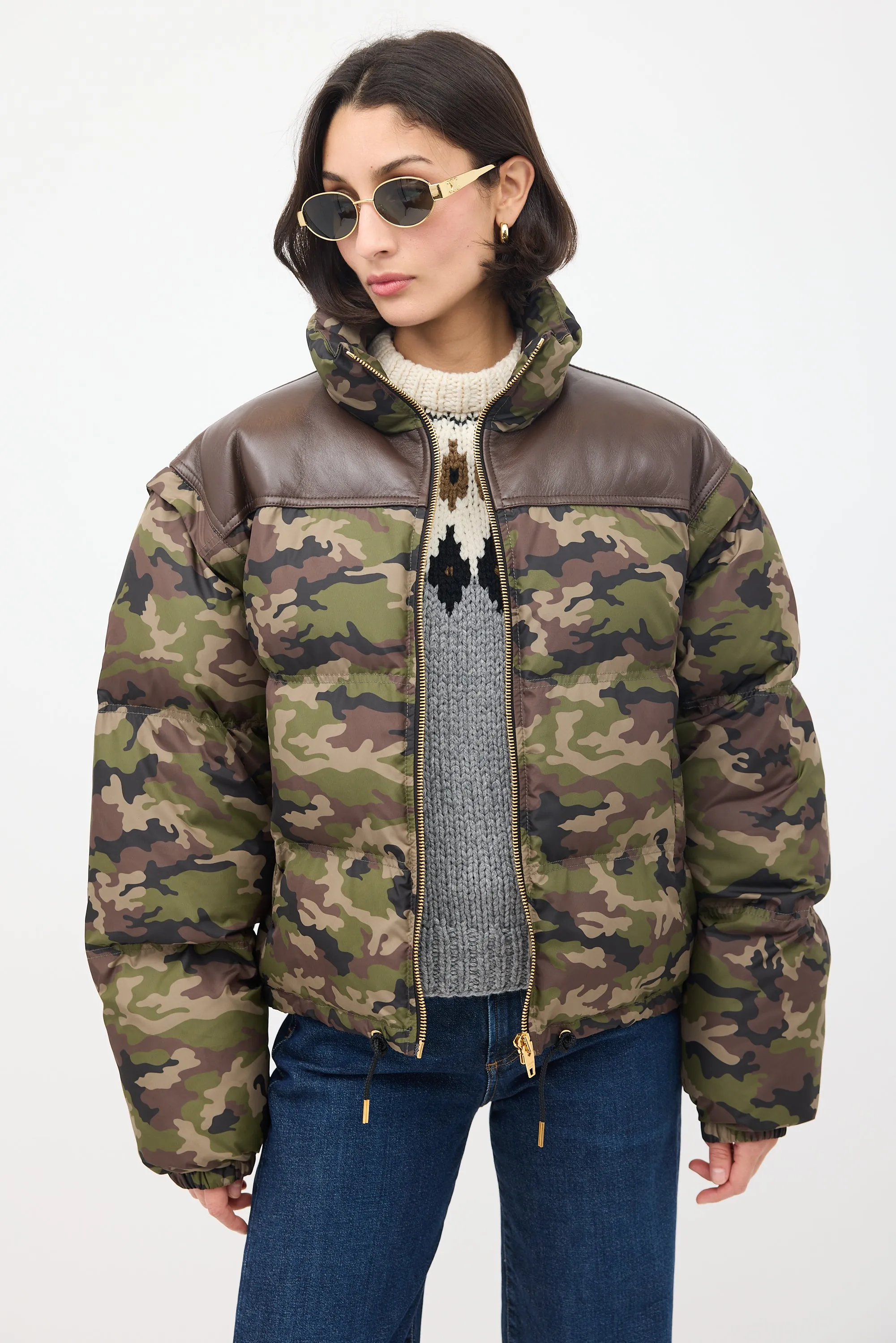 Green & Brown Camouflage Modular Puffer Jacket