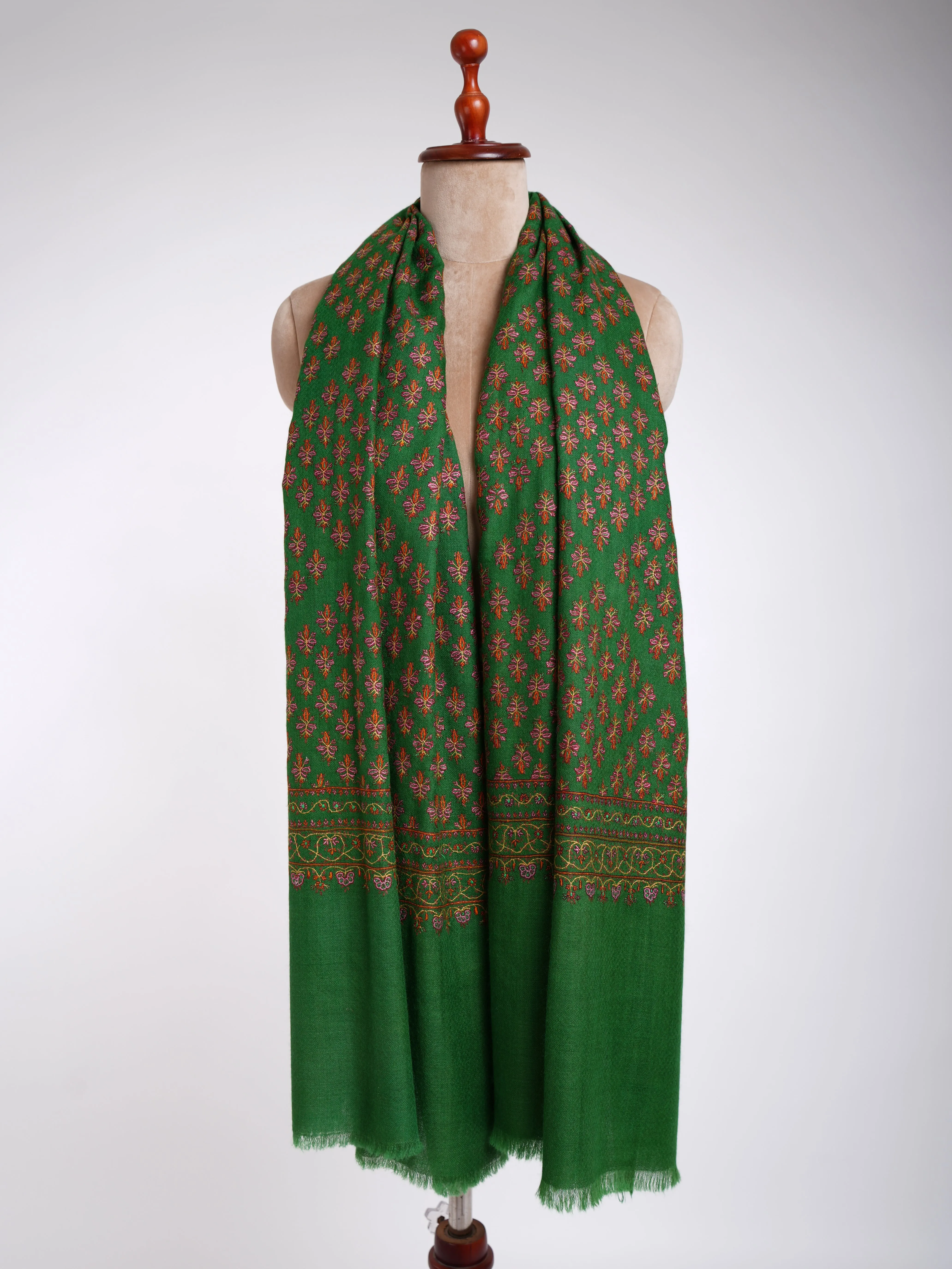 Green Mughal Stars Hand Embroidered Pashmina Shawl