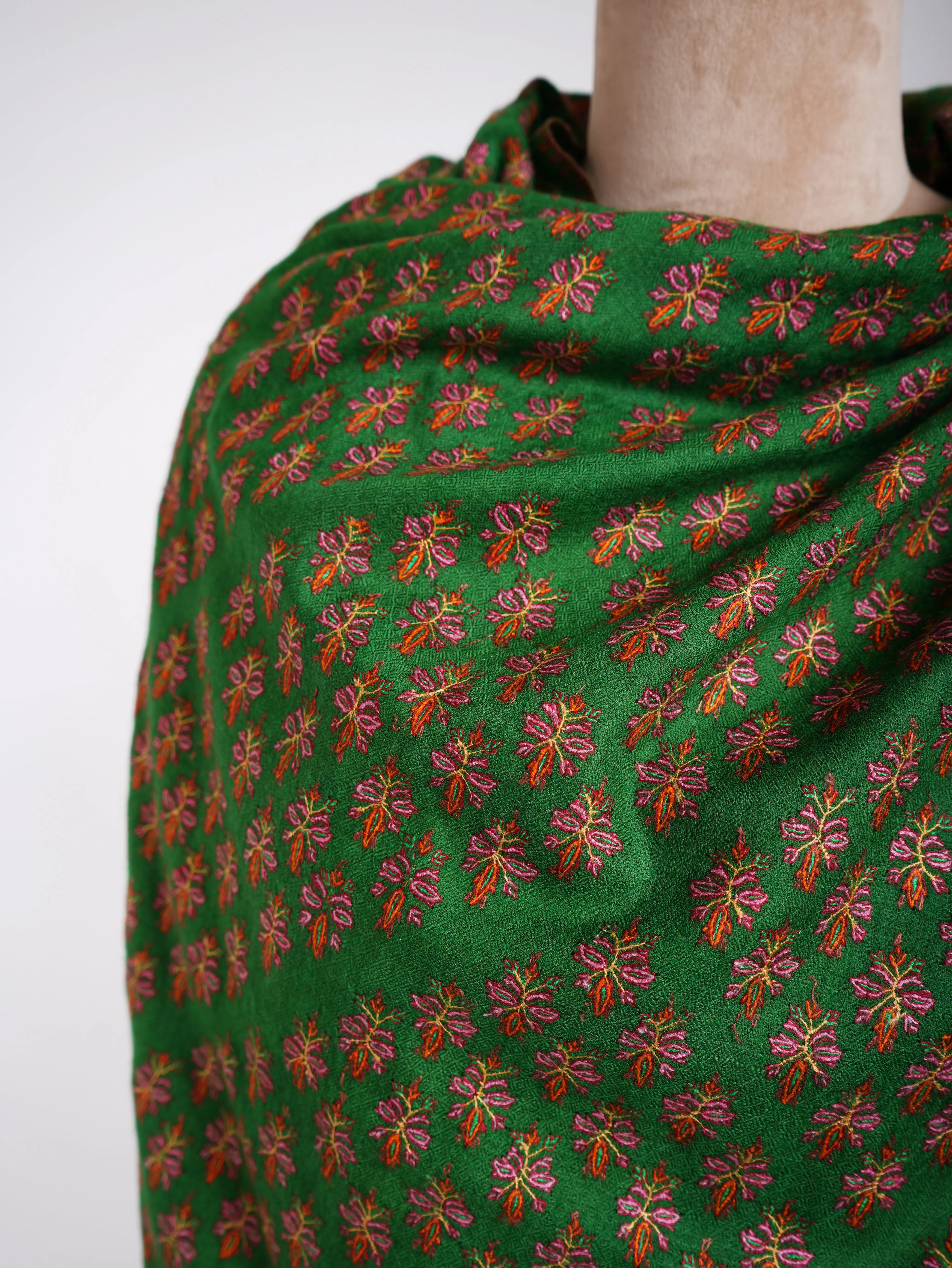 Green Mughal Stars Hand Embroidered Pashmina Shawl