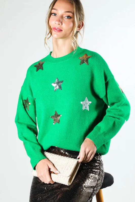 Green Star Sequin Detail Sweater Top