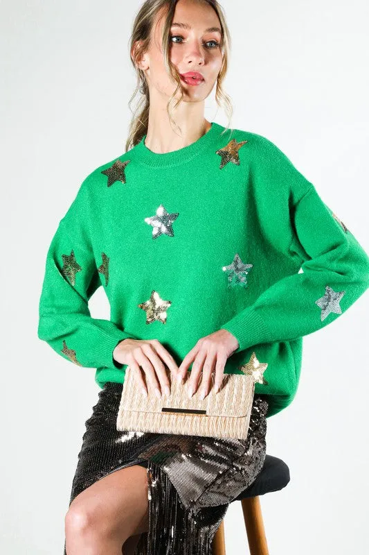 Green Star Sequin Detail Sweater Top