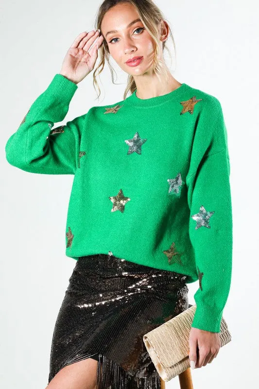 Green Star Sequin Detail Sweater Top