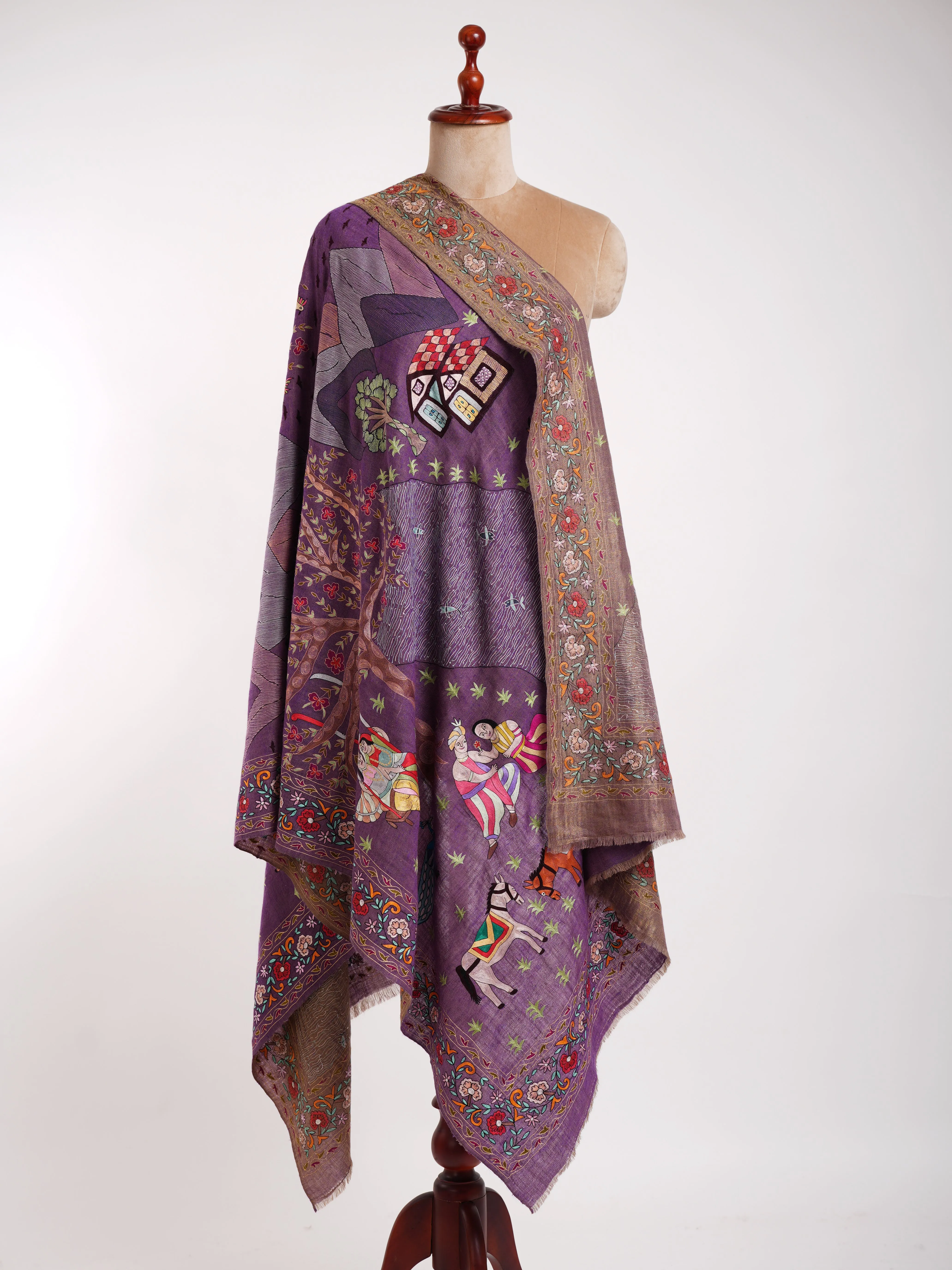 Hand Embroidered Zari Dual Shade Pashmina Shawl Dahlia