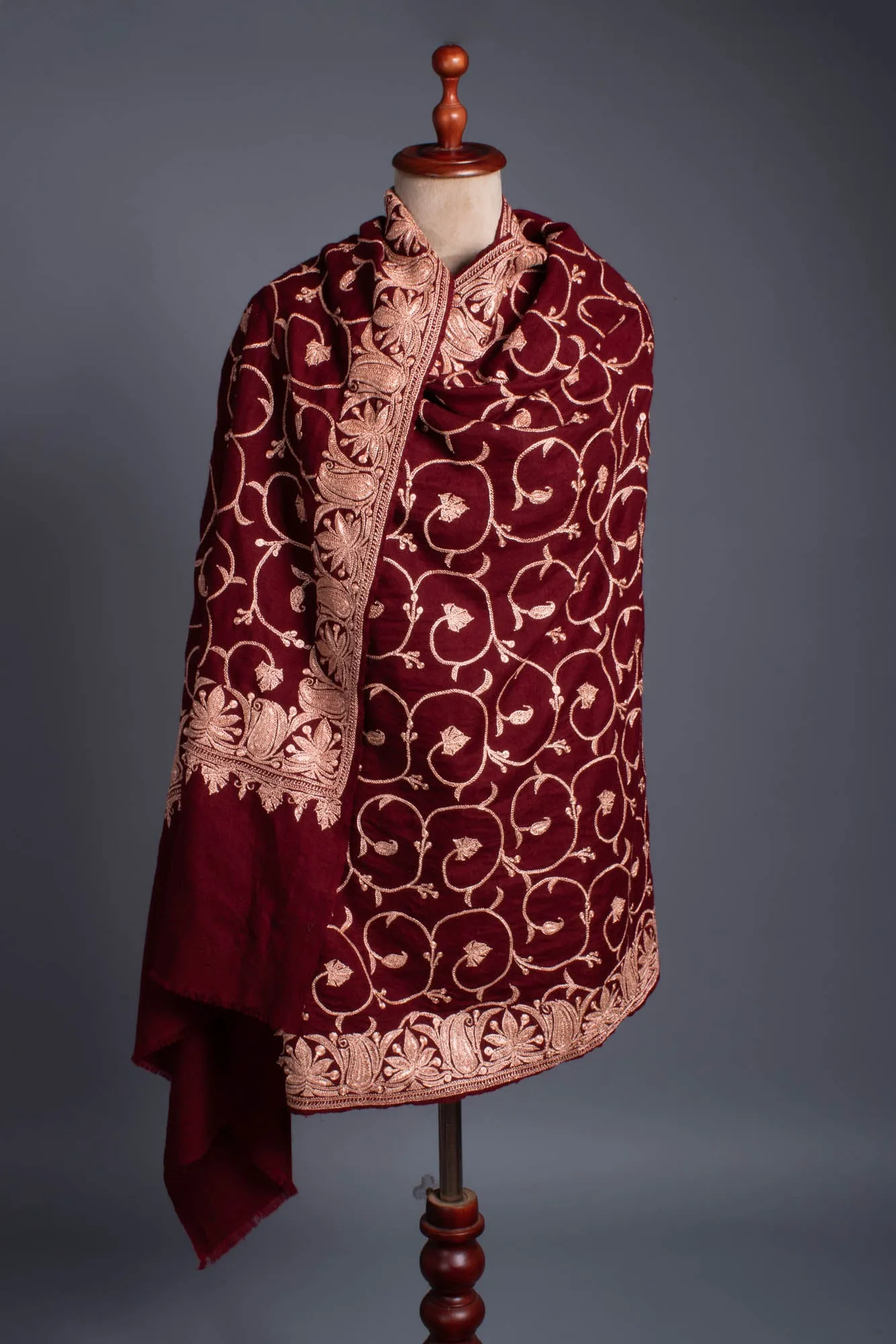 Hand Spun Maroon Hand Tilla Embroidered Pashmina Shawl - SHUWAIKH