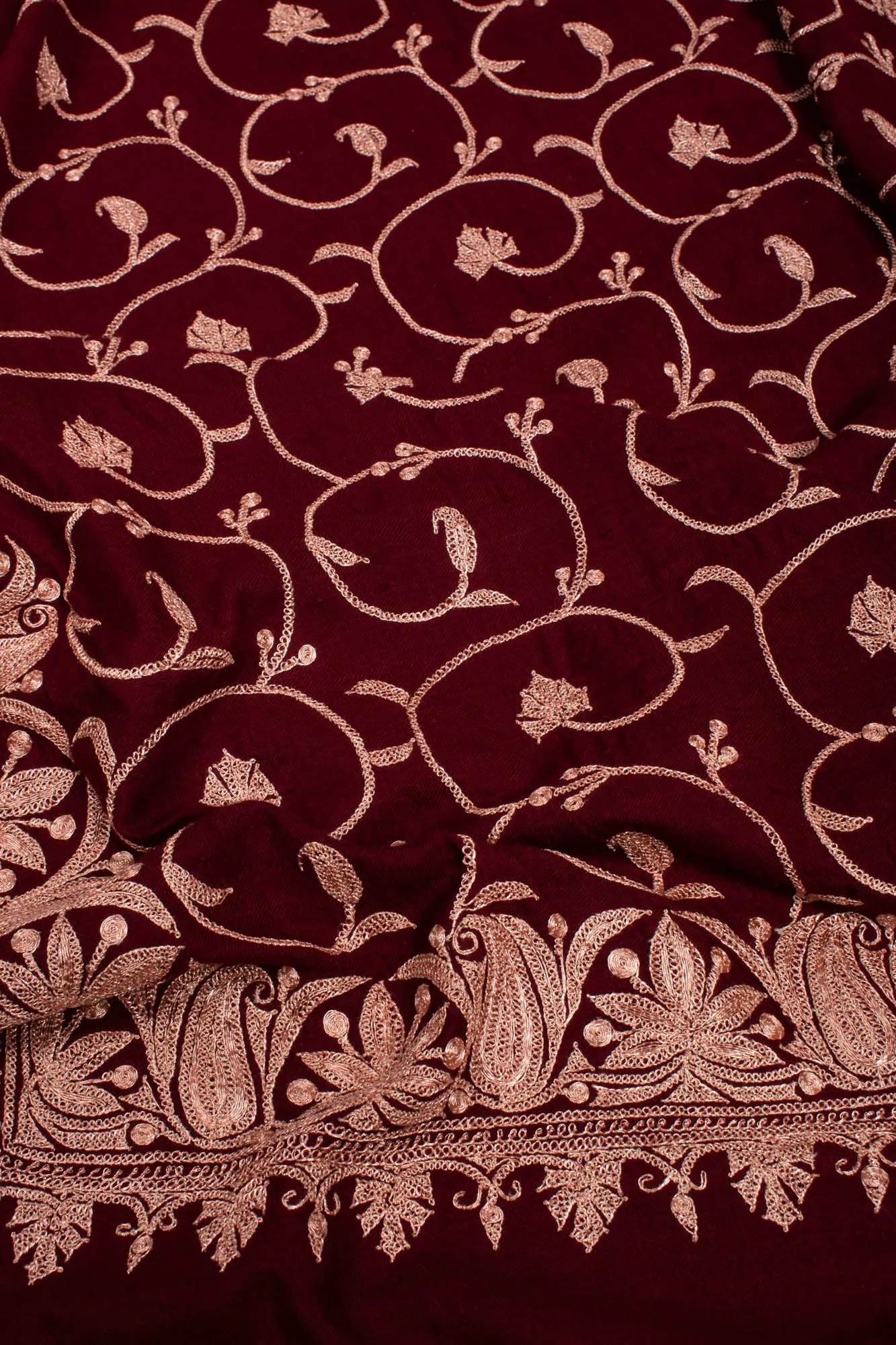 Hand Spun Maroon Hand Tilla Embroidered Pashmina Shawl - SHUWAIKH