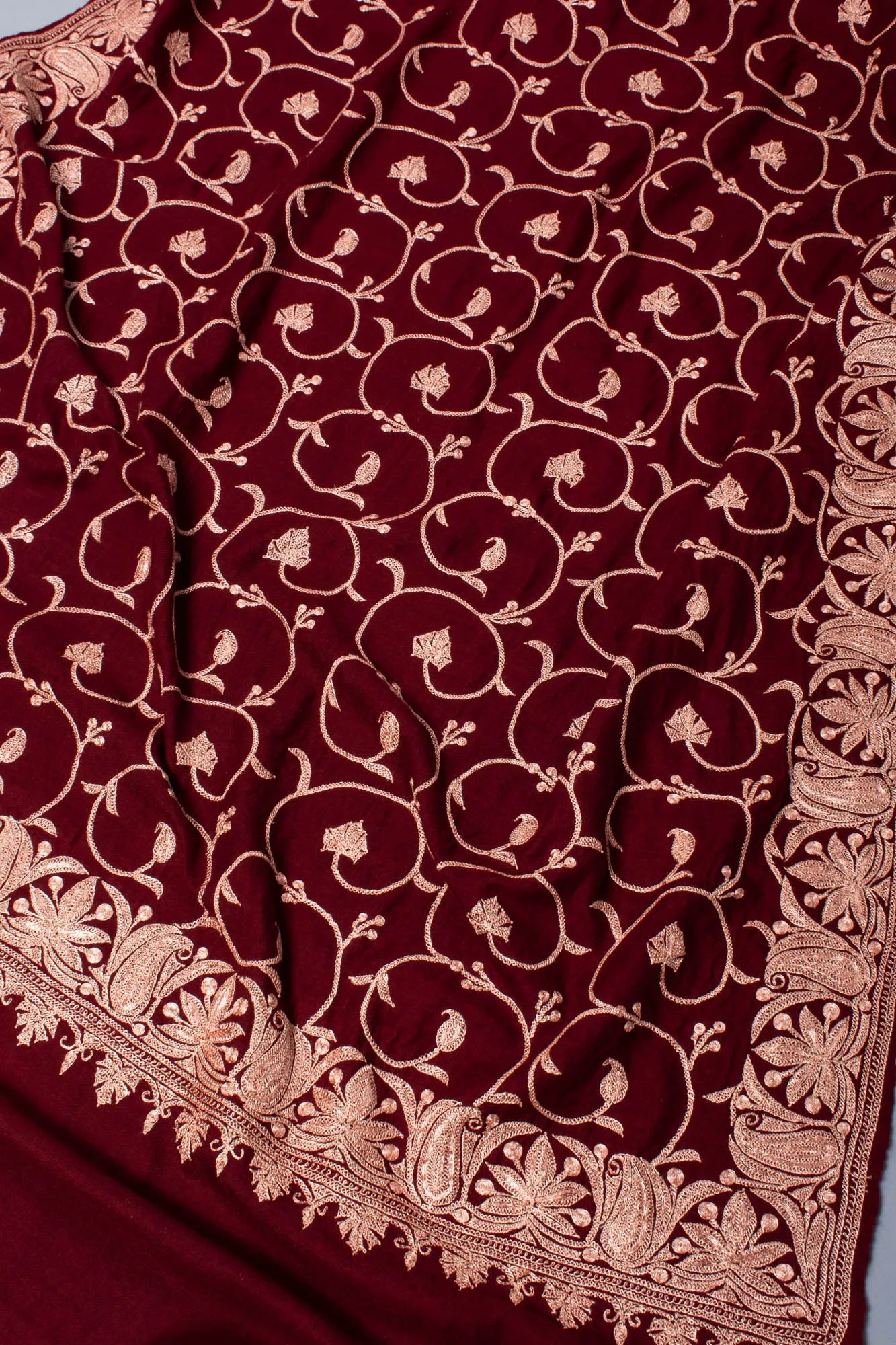 Hand Spun Maroon Hand Tilla Embroidered Pashmina Shawl - SHUWAIKH