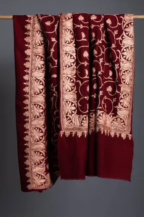 Hand Spun Maroon Hand Tilla Embroidered Pashmina Shawl - SHUWAIKH