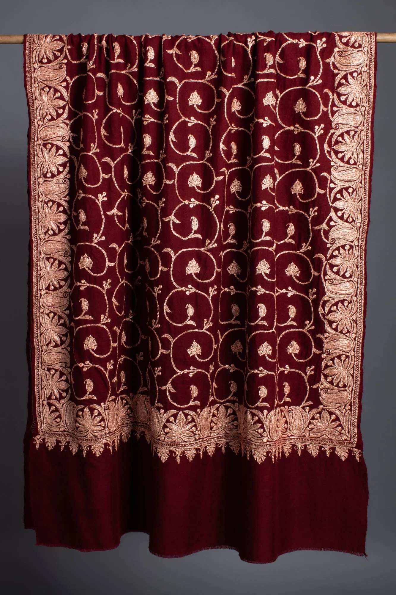 Hand Spun Maroon Hand Tilla Embroidered Pashmina Shawl - SHUWAIKH