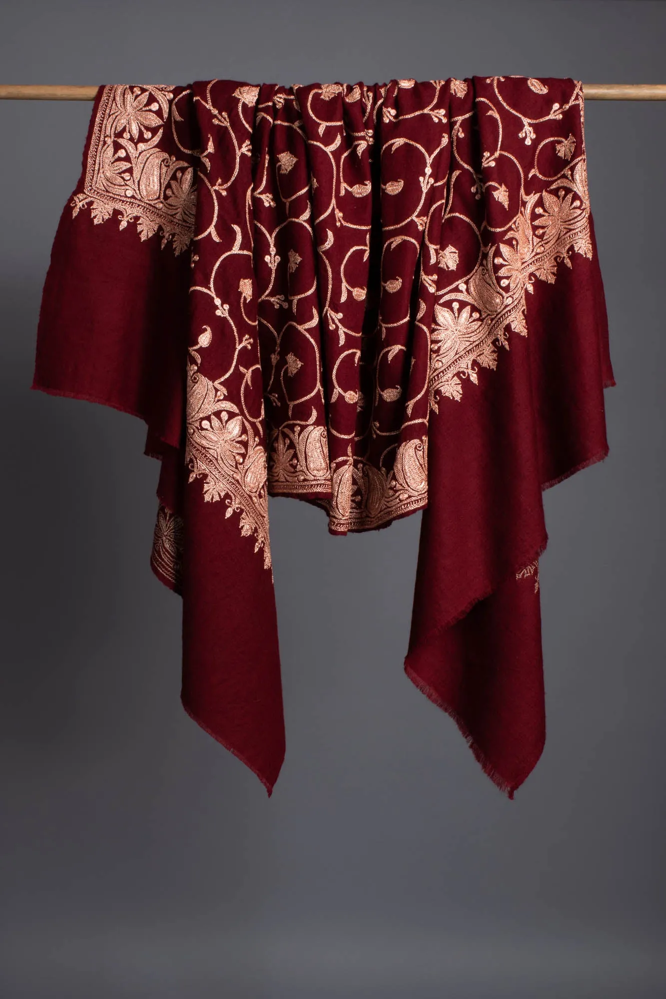 Hand Spun Maroon Hand Tilla Embroidered Pashmina Shawl - SHUWAIKH