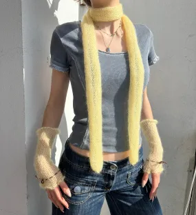 Handmade knitted mohair skinny scarf in light yellow