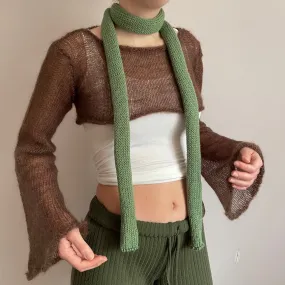 Handmade knitted skinny scarf in sage green