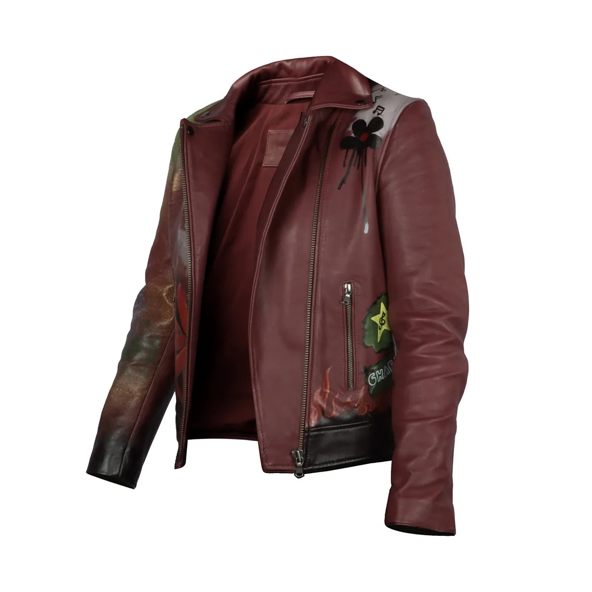 Handpainted Fierce Musical Floral Racing Inspired Women Wine Leather Biker Jacket by Brune & Bareskin