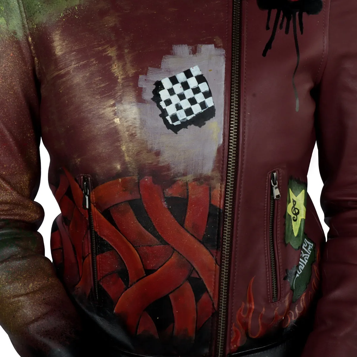 Handpainted Fierce Musical Floral Racing Inspired Women Wine Leather Biker Jacket by Brune & Bareskin