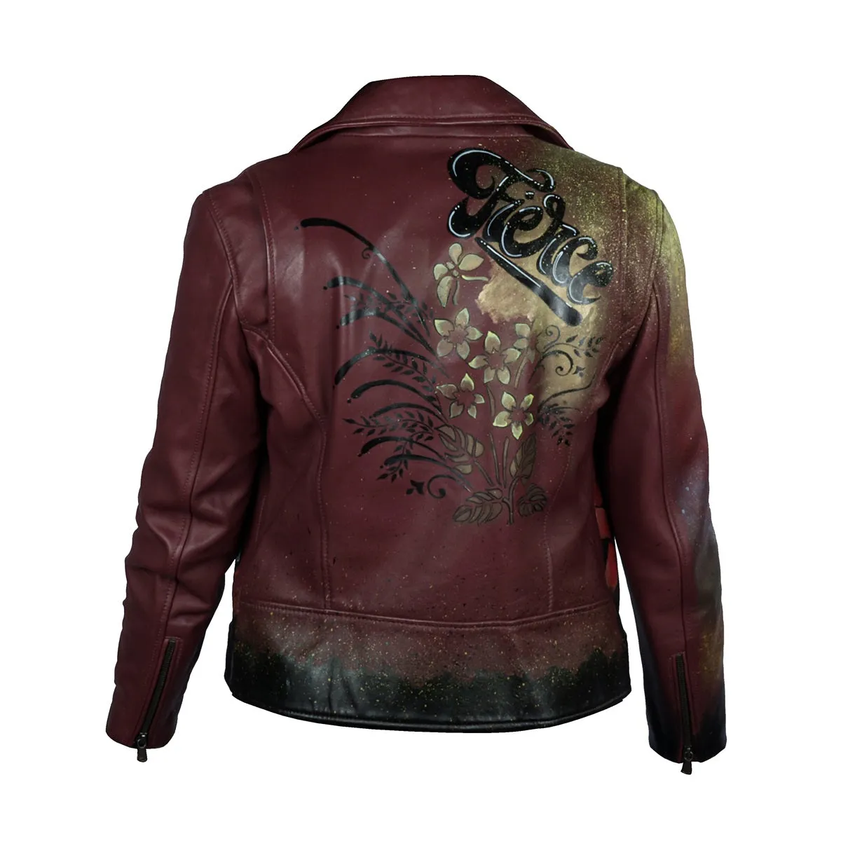 Handpainted Fierce Musical Floral Racing Inspired Women Wine Leather Biker Jacket by Brune & Bareskin