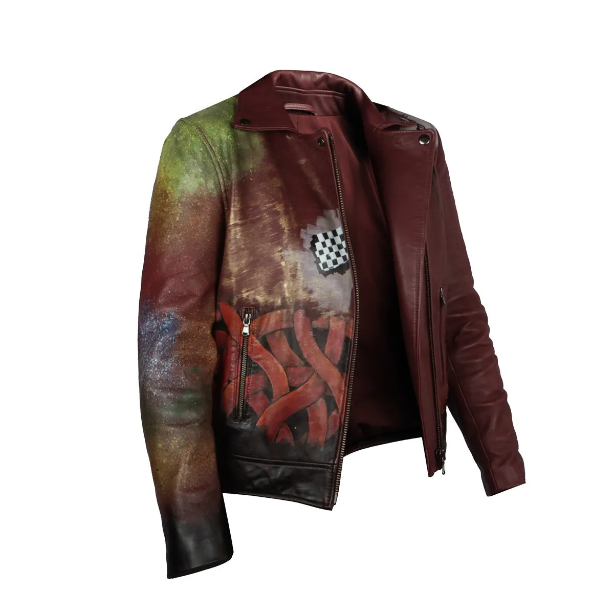 Handpainted Fierce Musical Floral Racing Inspired Women Wine Leather Biker Jacket by Brune & Bareskin