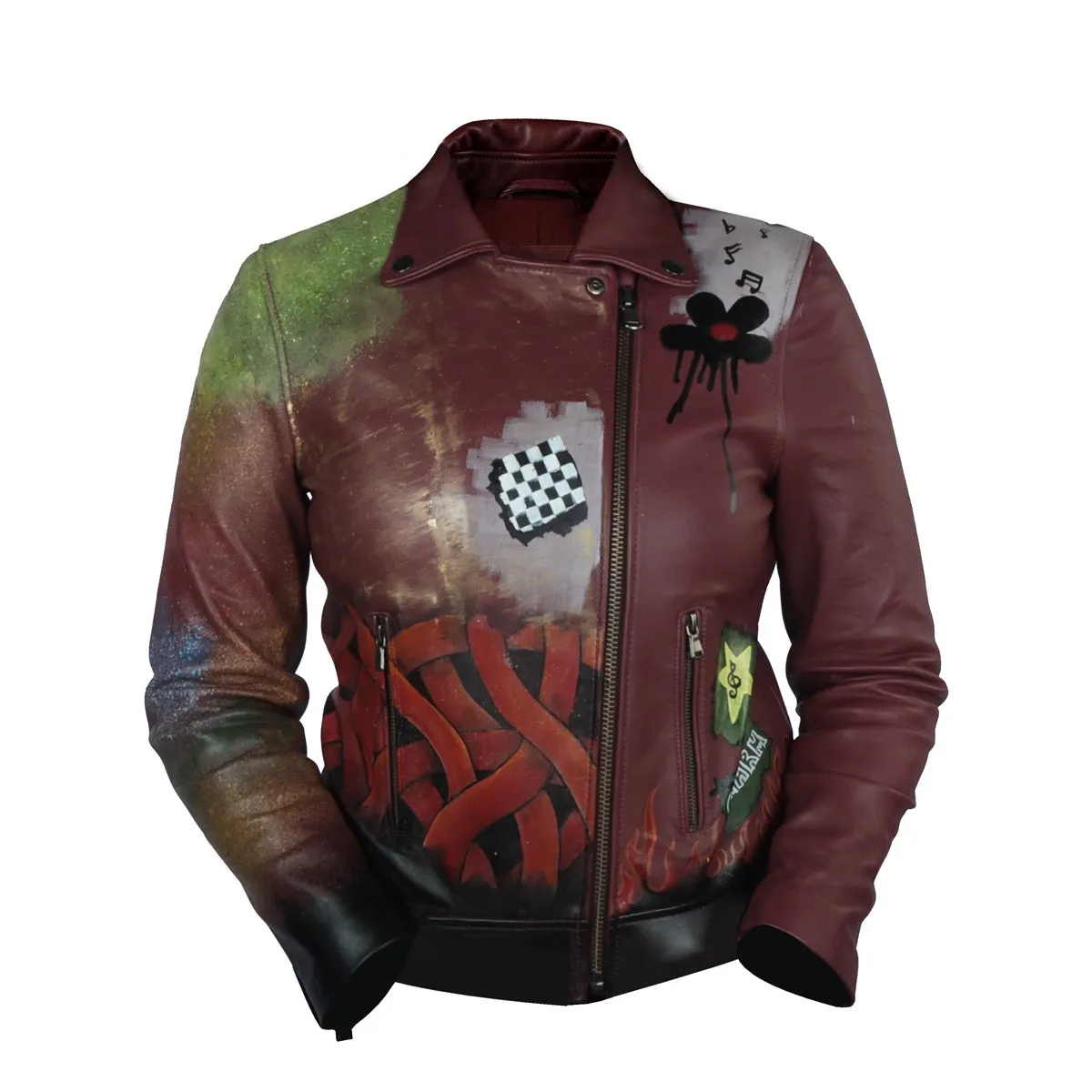 Handpainted Fierce Musical Floral Racing Inspired Women Wine Leather Biker Jacket by Brune & Bareskin