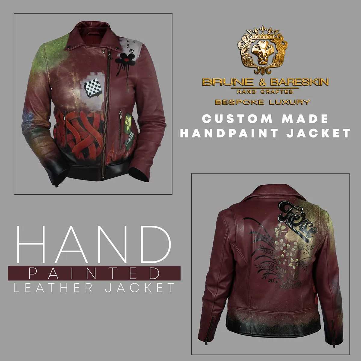 Handpainted Fierce Musical Floral Racing Inspired Women Wine Leather Biker Jacket by Brune & Bareskin