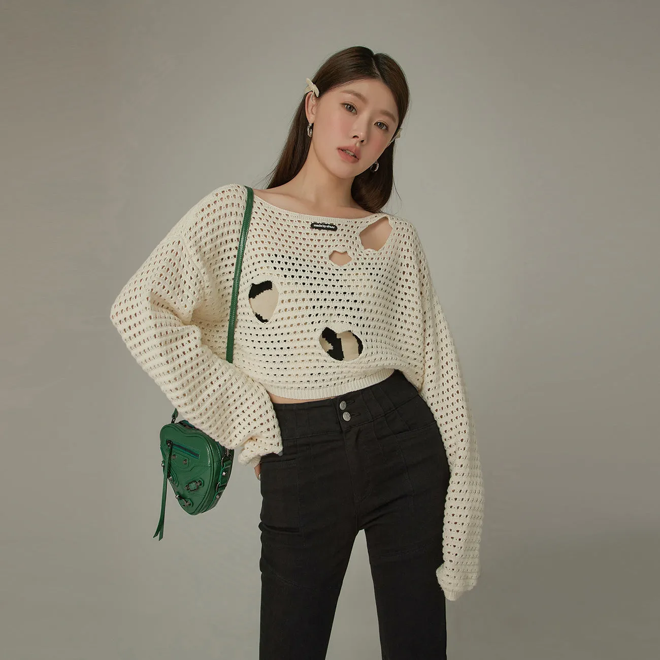 Heart Cutout Long Sleeve Crop Knit Sweater