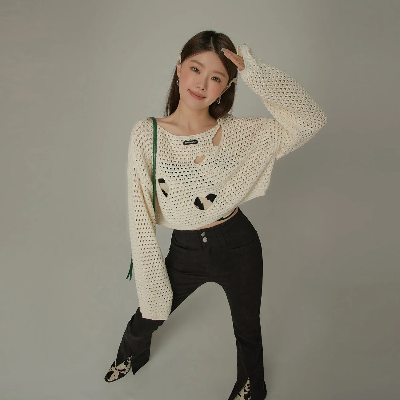 Heart Cutout Long Sleeve Crop Knit Sweater