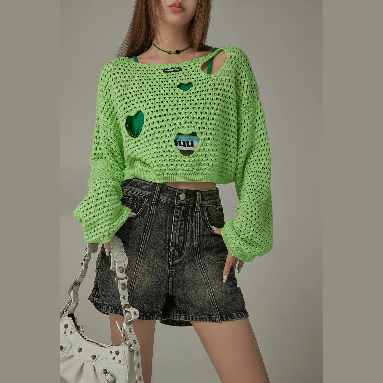 Heart Cutout Long Sleeve Crop Knit Sweater