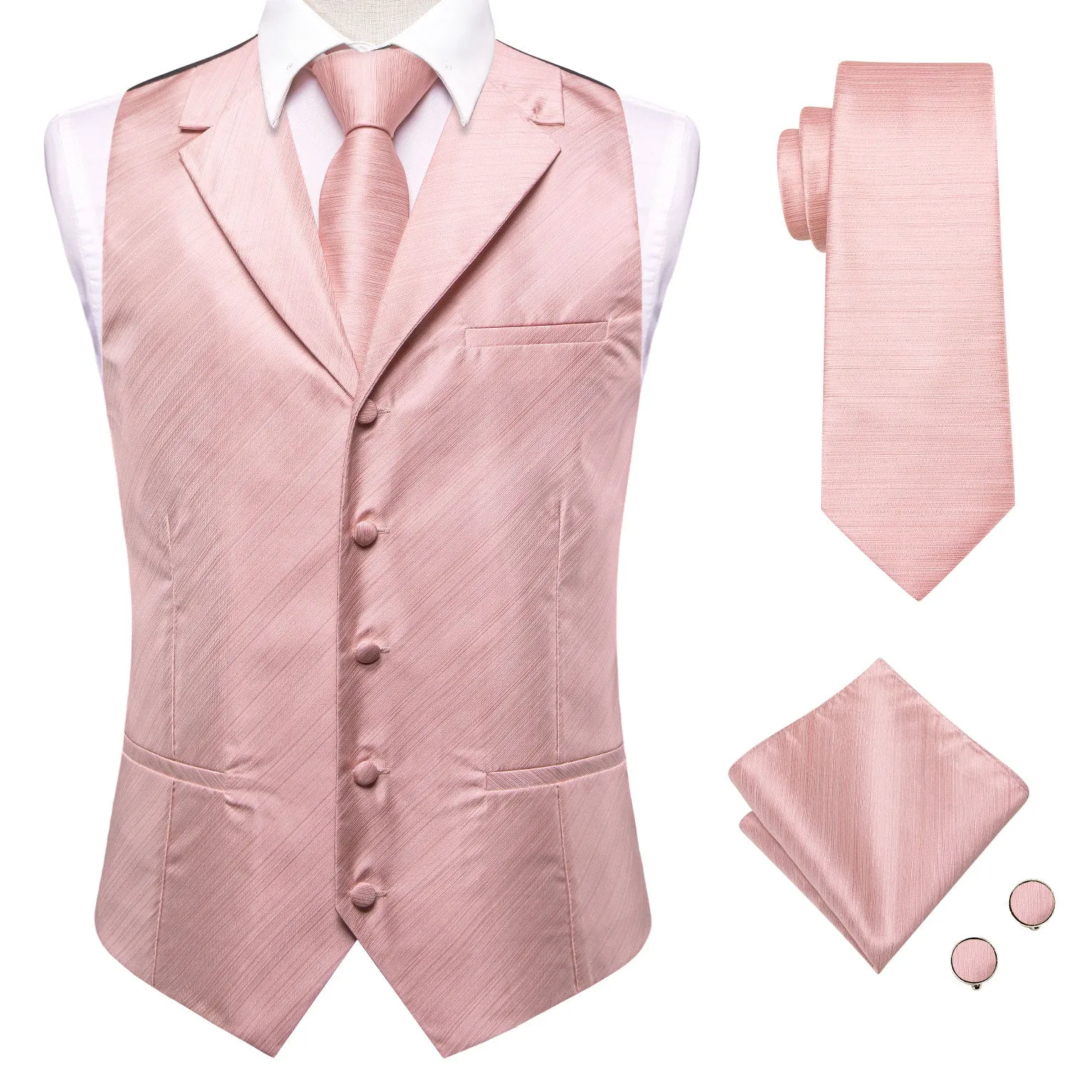 Hi-Tie Baby Pink Solid Silk Men's Collar Vest Hanky Cufflinks Tie Set